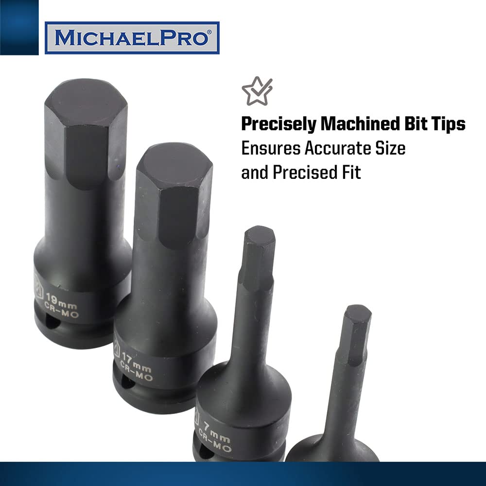 MichaelPro MP005027 - Juego de 8 llaves de vaso hexagonales de 1/2 pulgada, 6 a 19 mm, enchufe métrico de impacto, CR-Mo | Caja de almacenamiento resistente incluida