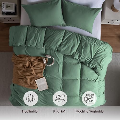 Image of Super Soft Queen Duvet Cover Set, 3 Piece Prewashed Microfiber Cotton-Like Bedding Set, Granite Green Duvet Cover 90x90 with Button Closure, 2 Pillow Shams for All Seasons,Comforter Not Included