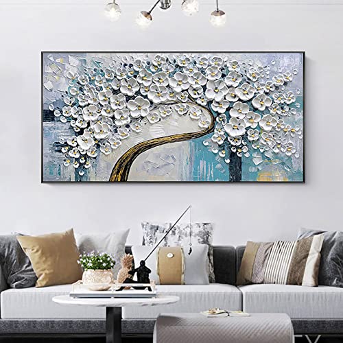 Peinture murale fleurs blanches grand format toile abstraite 3D