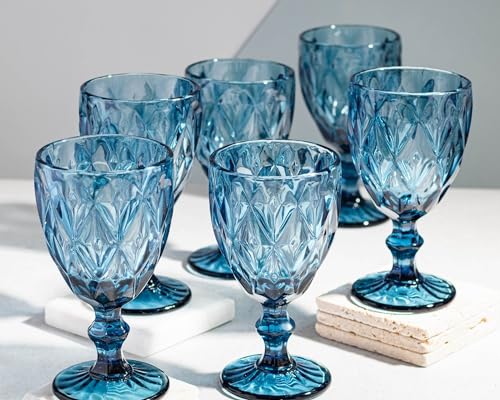Jogo De 6 Taças Diamond Azul 300ml De Vidro Resistente Relevo De Diamante Mesa Posta Serve Agua Suco