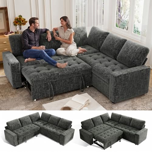 Image of Vipbear Chenille 80 Inch Modular Sectional Sofa with Pull Out Bed, L Shaped 5 Seat Sectional Sofa with USB Ports /Reclining Backrest /Storage Seats, Tool-Free Assembly, Couches for Living Room Dark Grey