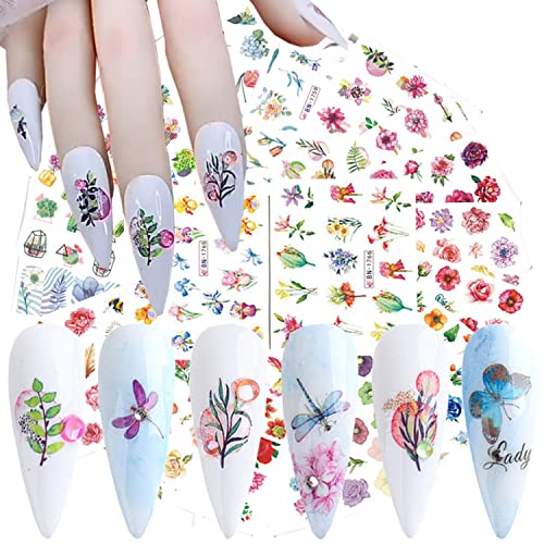 24 Sheets Flowers Nail Art Stickers, Holographic Floral Leaf Butterfly Nail Water Transfer Decals Design, Flower Nail Art Sticker Supplies for Women Girls Manicure Charms Decorations, Resin Nail Decal