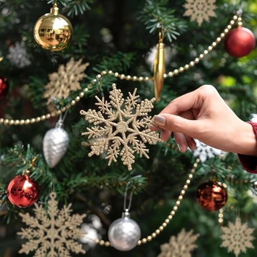 Image of 60pcs Christmas Champagne Gold Snowflake Ornaments Plastic Glitter Snow Flakes Ornaments for Winter Christmas Tree Decorations Size Varies Craft Snowflakes