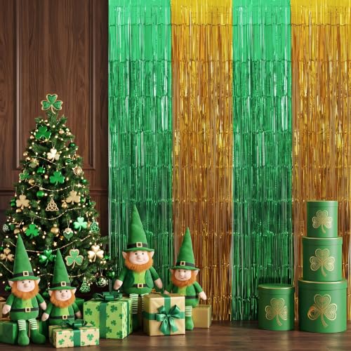 Image of TONIFUL 2Pcs Gold and Green Metallic Tinsel Foil Fringe Curtains Streamers | 3.3ftx6.6ft Photo Booth Backdrop Door Streamer for St Patrick's Day Christmas New Year Forest Theme Birthday Wedding Party