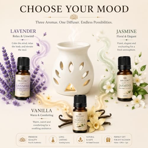 Image of BRAHMZ Ceramic Aroma Diffuser Gift Set of 3 with Lavender, Vanilla & Jasmine Oils | Tea Light Oil Burner | Home Fragrance Aromatherapy Diffuser for Bedroom & Living Room