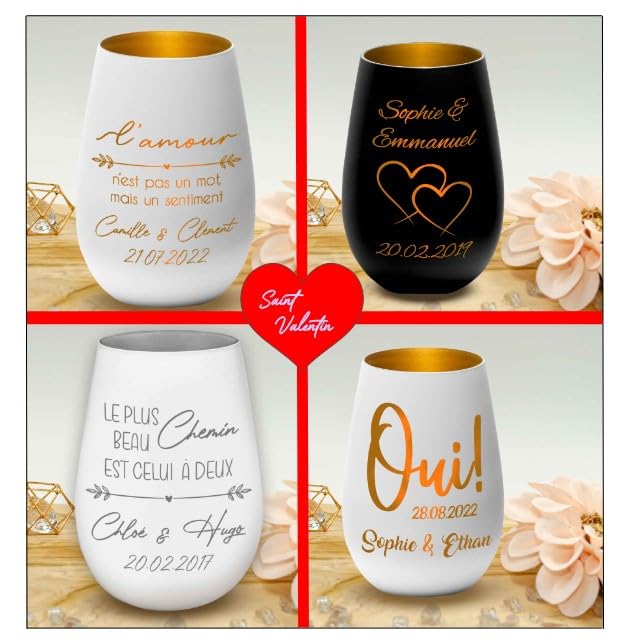 Photophore En Verre Coeurs D'Amour Personnalisé - Cadeau Mariage Saint Valentin Blanc/Or