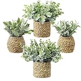 Small Fake Potted Plants: 7 Inches Artificial Plants with Seagrass Handwoven Planters, Indoor Farmhouse Spring Decorations, Eucalyptus Plant for Home Bathroom Office Shelf Tabletop Desk Room Decor
