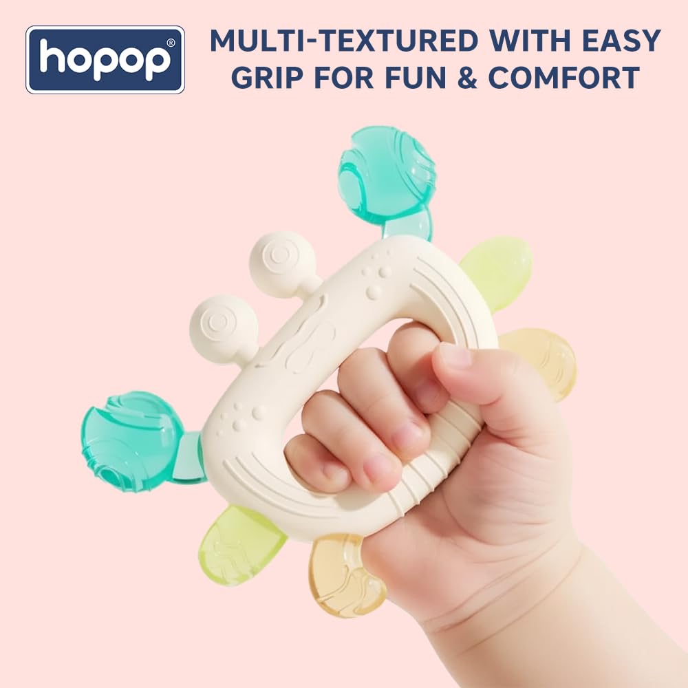 Hopop Silicone Baby Teether for 6-12 Months | BPA Free Baby Teething Toy | Chewing & Mouthing Sensory Baby Toy for Gum & Teeth Relief | Pack of 1 | Assorted 2