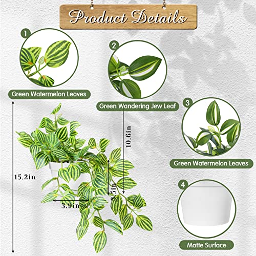 Retrowavy Fake Potted Plants,15.2 Inch Artificial Hanging Plants In Pot, Faux Peperomia Watermelon Plants Bushes For Office Home Bedroom Living Room Shelf Indoor Outdoor (White, 2 Pcs) #TOP1
