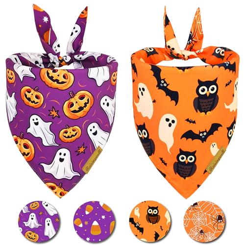 Halloween Dog Bandanas 2 Pack 4 Pattern Ghost Spider PumpkinCandle Dog Bibs Reversible Washable Durable Fall Dog Scarf Suitable forLarge Breed Dog Boy