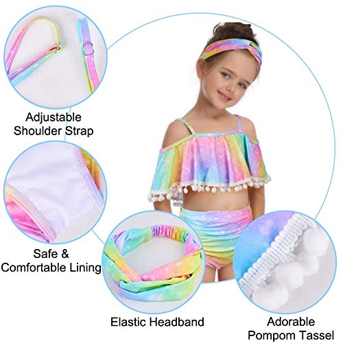 Mhjy Girls Swimsuit 2-Piece Swimwear Bikini Tankini Beachwear Bathing Suit With Hairband,5-6 Years,Colorful Rainbow #TOP4