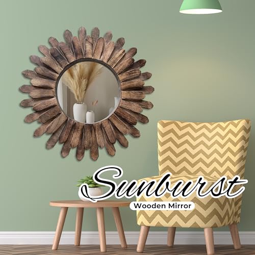 14-inch Rustic Round Wood Mirror, Decorative Boho Sunburst Mirror for Bedroom, Living Room, Entryway - Burnt - Image 7