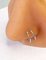 Vista 7 de Aro de nariz doble de 0.78 oz y 0.394 pulgadas para un solo piercing, acero quirúrgico plateado en espiral para mujeres y hombres, piedra natal