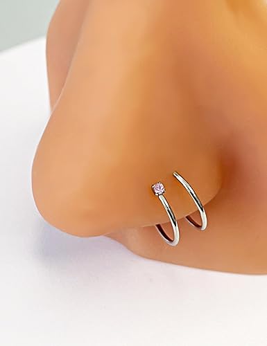 Miniatura 7 de Aro de nariz doble de 0.78 oz y 0.394 pulgadas para un solo piercing, acero quirúrgico plateado en espiral para mujeres y hombres, piedra natal