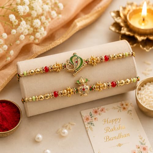 Image of CraftVatika Kundan Rakhi Set for Brother Set of 2, Designer Peacock Rakhi for Brother Boy Men, Premium Kalash Raki for Bhaiya, Traditional Rakshabandhan Rakhis with Best Wishes Card and Tillak Set