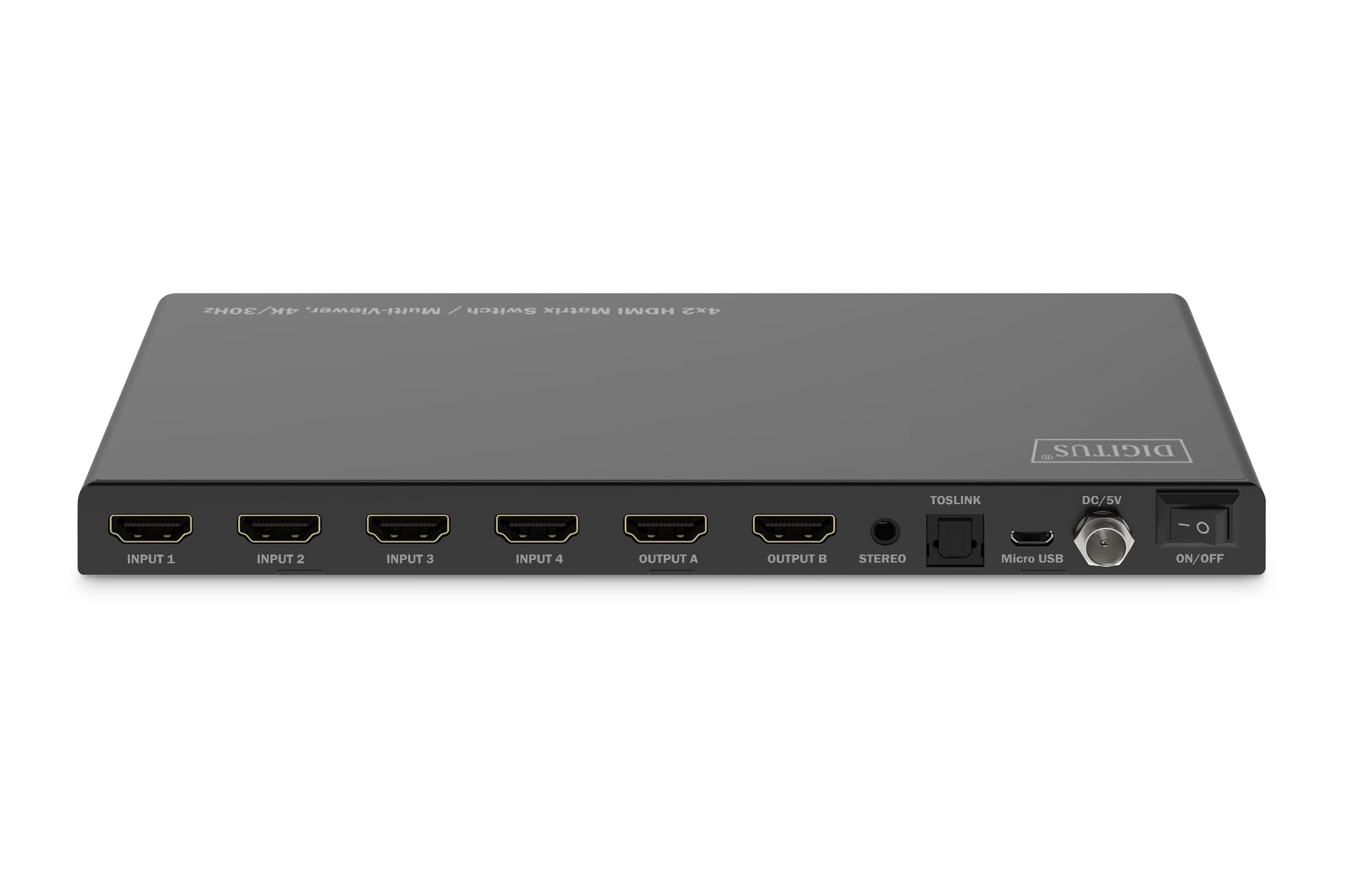 DIGITUS DS-55345 Switch a matrice HDMI 4x2-4 ingressi 2 uscite - UHD 4K/30 Hz HDTV: 3840 x 2160p - HDCP 1.4 e HDMI 1.4b - Multi-Viewer, Split-Screen, PIP - RS232, Audio (Toslink, Stereo 3,5mm)