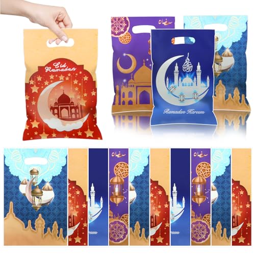 40 bolsas de recuerdo de Eid Mubarak con asas troqueladas, 4 diseños, mezquita musulmana, luna, estrellas, linterna, impresión, golosinas, golosinas, aperitivos, bolsas de regalo de plástico para Eid