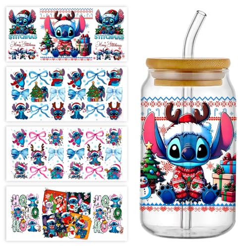 4Sheets Christmas Cartoon UV DTF Cup Wrap Transfer Stickers for 16oz Glass Cups Rub on Transfers for Crafts Cup Decal Stickers (C)