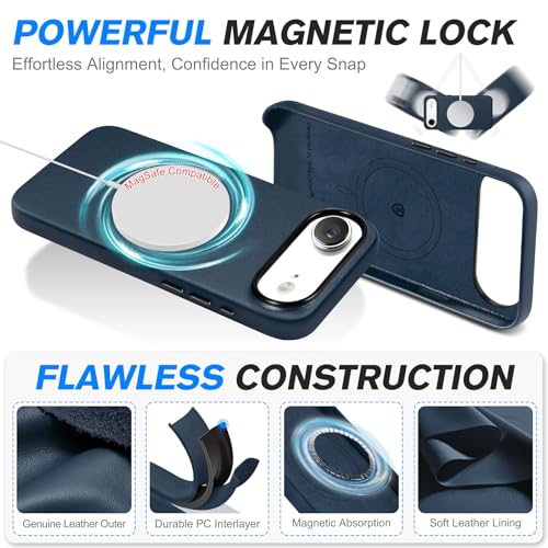 Image of SHIELDON Genuine Leather Case for iPhone Air 6.5 inch 2025, Navy Blue | for MagSafe, Magnetic Wireless Charging, Camera Button, Metal Buttons, Camera Bezel, Non-Slip, Shockproof, Anti-Scratch, Slim