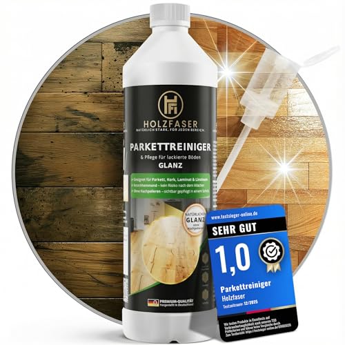 Holzfaser Parkettreiniger MATT/GLÄNZEND – 3-in-1 Konzentrat 1 L für versiegelte Parkett- & Holzböden, Parkett Pflege, Laminat & Kork | streifenfrei ohne Nachpolieren, rutschhemmend