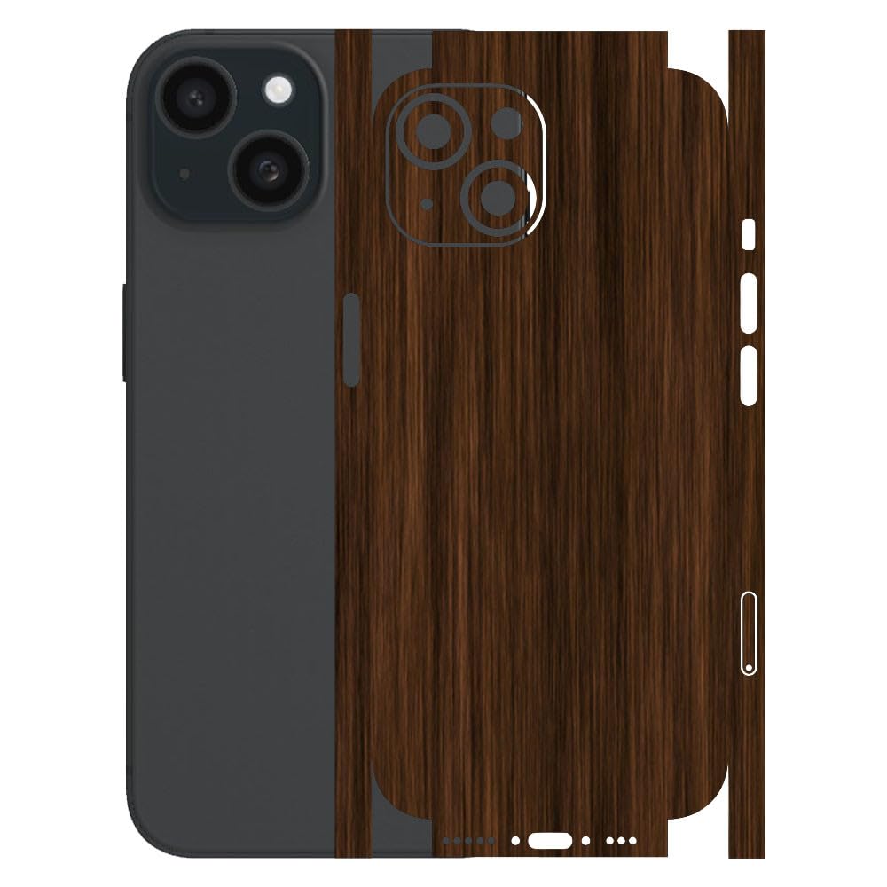 AtOdds - Compatible for iPhone 15 - Mobile Back Skin Sticker - Lamination - Back Screen Guard Protector Film Wrap (Coverage - Back+Camera+Sides) (Design - Dark Wood)