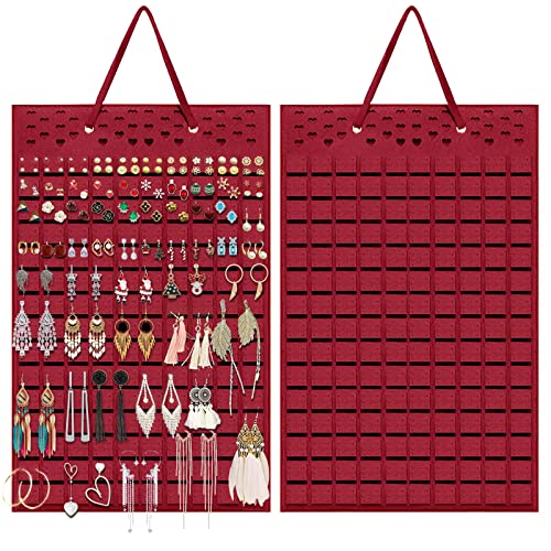 Yanmucy Earring Holder Organizer Hanging Holds Up to 300 works Wall Mount Jewelry Storage Bag Earring Holder For Girls Women (Red)