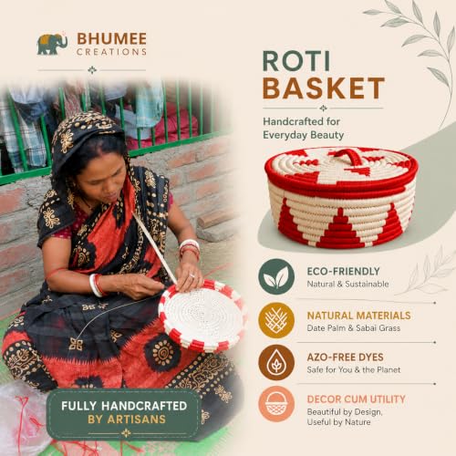 Image of Handmade Sabai Grass Date Palm Roti Box with Wooden Knob (RED TRIANGLE)
