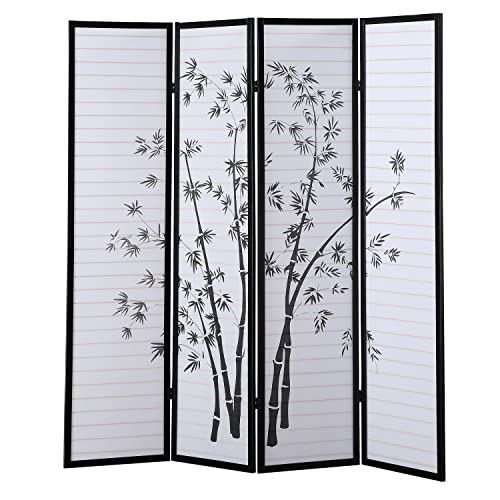 Roundhill Bamboo Print 4-Panel Framed Room Screen/Divider, black