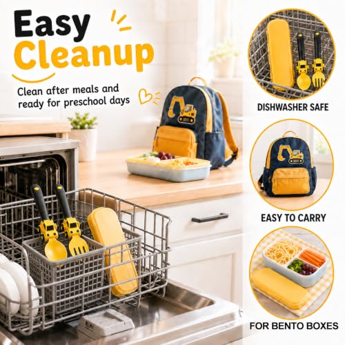 Image of Deinyi Construction Toddler Fork and Spoon Set, Storage Cases Reusable