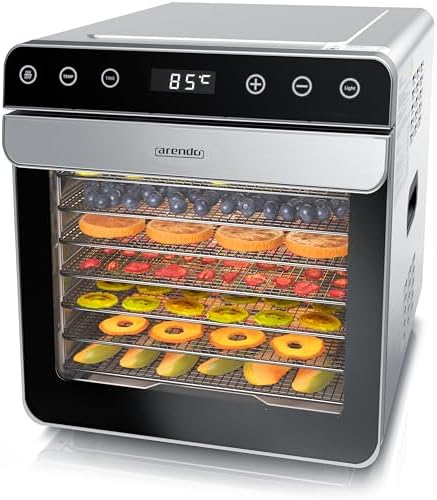 Arendo - Dörrautomat Edelstahl mit 8 Edelstahlgitter - 700 W - 35°-85°C - 8 Edelstahl Einlegetabletts mit insgesamt 6700 cm² - Dörrgerät Dehydrator Obsttrockner Dörrapparat - Obst