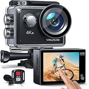 Action Cam WOLFANG GA300 4K 60FPS, 20MP WiFi EIS Action Camera con schermo tattile, 8X Zoom Fotocamera Impermeabile 40M Subacquea Videocamera, Mic Esterno, Telecomando 2x1350mAh Batterie e Accessori