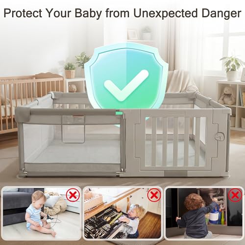 Image of 71 inch x59 inch Baby Playpen with Gate, Large Baby Play Pen for Babies and Toddlers, Infant Fence Play Yard with Door for Living Room, Anti-Fall, Breathable Mesh
