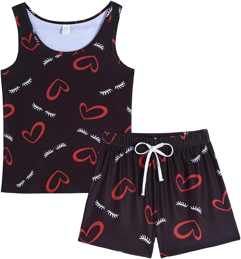 YIJIU Women's Pajama Sets Cute Sleeveless Tank and Shorts Sleepwear 2 Piece Pj Set Loungewear X-Large Black