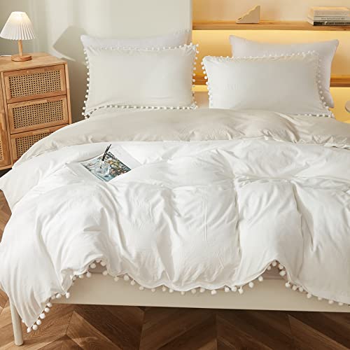 Bedbay White Comforter Set Queen Size Farmhouse Boho Bedding Set 3 Pcs Ultra Soft Lightweight Comforter Cute Pom Pom Fringe Bedding Set Preppy Room Decor Aesthetic(White&Beige,Queen)