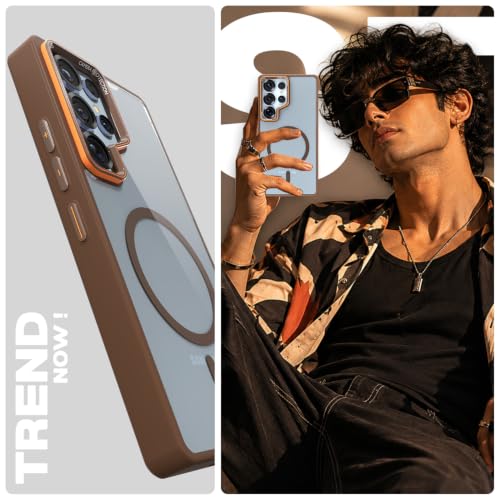 Image of Pikkme Back Cover for Samsung Galaxy S25 Ultra 5G | Shockproof | Mag-Safe Compatible | Hard Transparent Back | Premium Raised Camera Protection | Bumper Case (Brown Mag-Safe)