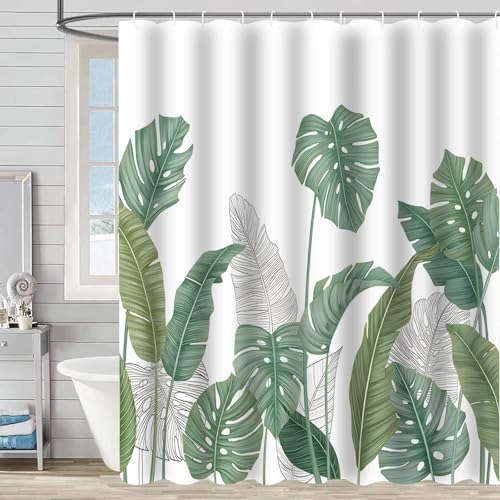 FYting Duschvorhang,Shower Curtains 180x180,Duschvorhang Blumen mit Grünen, Der Saum Hängt Natürlich, Wasserdicht & Schimmelresistent, mit ösen & 12 Duschvorhangringen(Grün SchildkröTenblatt)