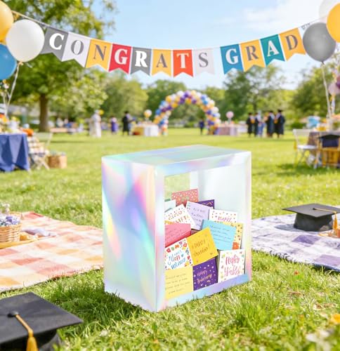 Image of SietDESEO Iridescent Card Box for Party with Clear Window Large Gift Card Box Holder for Wedding Reception Birthday Graduation Baby Shower Raffle Ticket Box