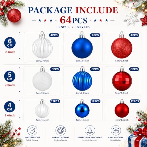 Image of Lunmon 64 Pcs Spider Christmas Balls Ornaments Patriotic Tree Decorations