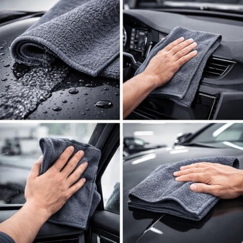 Image of AM Safe-X Premium Microfiber Cleaning Cloth 4Pcs 350 GSM 40x40cm Grey | Ultra Thick Dual-Sided Car Drying Towel | Super Absorbent, Lint-Free & Scratch-Free | Multipurpose Microfiber Cloth