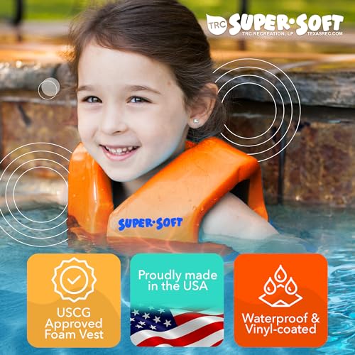 TRC Recreation Super Soft Child Size Small Life Jacket USCG Approved Vinyl Coated Foam Swim Vest for Kids Swimming Pool and Beach Gear, Sunset Orange