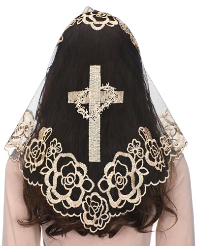 Mantveil Chapel Veils Catholic Mass: Traditional Christian Black Gold Triangle Cross with Rose Embroidered Veils for Church Mantilla Head Coverings for Women