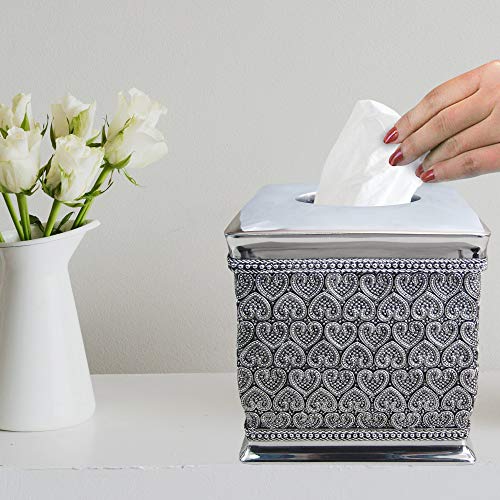 Nu Steel Boutique Cover,Part Of Our Beaded Heart Accessory Set Resin Square Facial Box Bathroom Tissue-Holders, Medium, Silver #TOP4