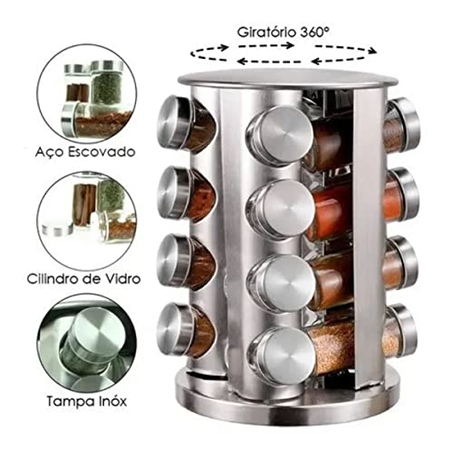 Porta Tempero Condimento Inox Vidro Giratorio Cozinha 16 Pts