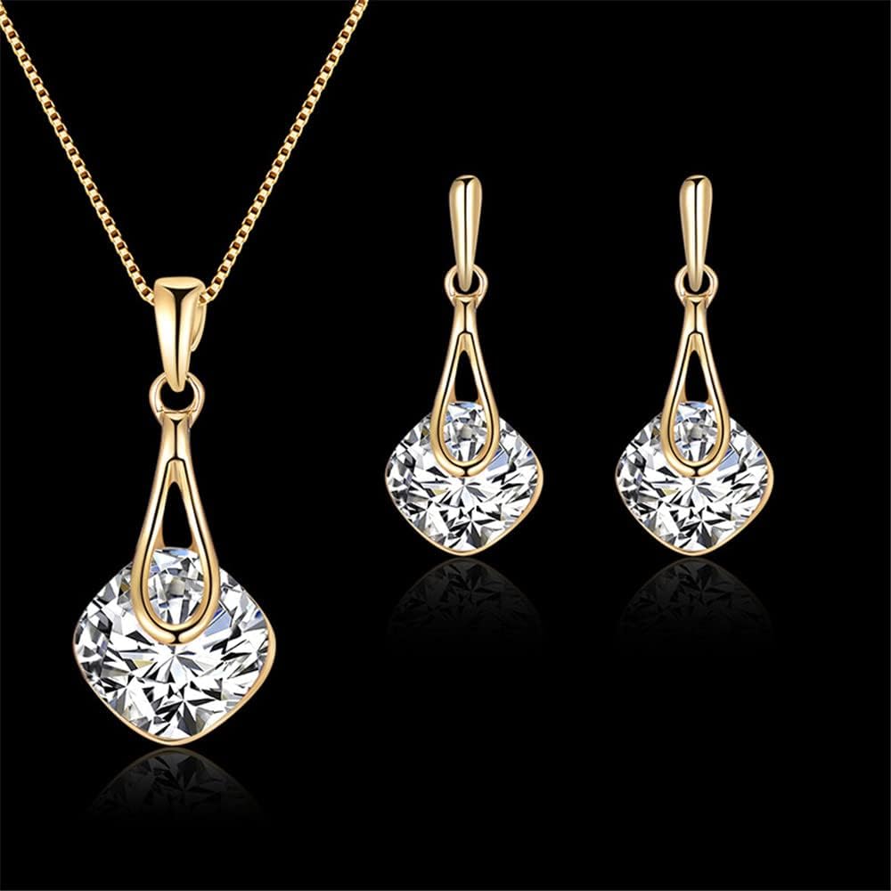 Gold Square Crystal Necklace Dangle Earrings Wedding Jewelry Set Rhinestone Choker Necklace Prom Costume Jewelry Set for Women Jewelry
