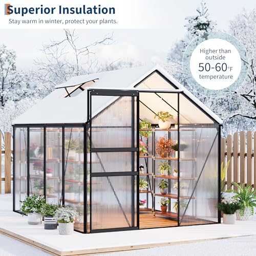 6x8FT Greenhouse for Outdoors, Walk-in Polycarbonate Greenhouse with Sliding Door, Adjustable Roof Vent & Gutter System, Portable Outdoor Green House Kit for Winter Gardening by IDEALHOUSE - Image 9