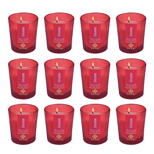 Image of EKAM Cinnamon Votive Soy Wax Scented Candle, 40 Grams, 10 Hours Burn Time| Long Lasting Premium Candles | Ideal for Home Decor | Gifting & Aromatherapy (Pack of 12)