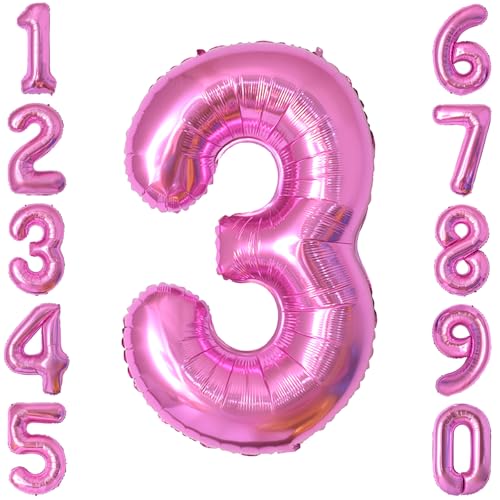 Pink Number 3 Balloon 40 Inch, Lustrous Foil Digit for Event Decoration