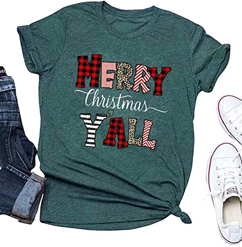 Merry Christmas Yall Shirts for Women Leopard Letter Print Womens Christmas Tshirt Clothes (L, Green5)