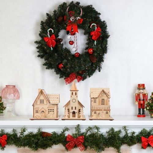 Casas luminosas de madera NUOBESTY de tres piezas para decoración navideña de mesas 6