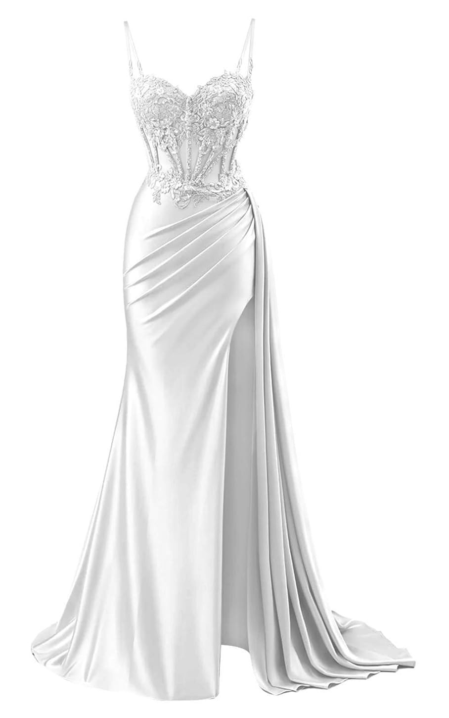 YIANN Lace Applique Satin Prom Dresses for Women 2025 with Slit Corset Mermaid Formal Dress Long Ball Gown UK18 White